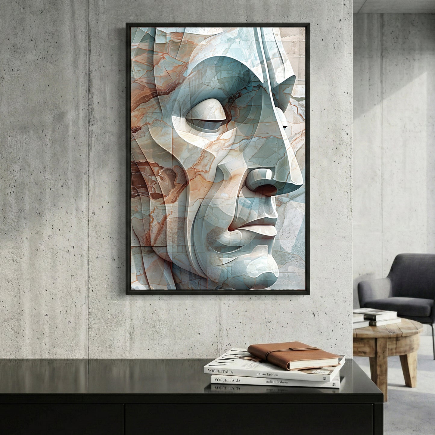Abstract Geometric Face framed canvas wall art print in a gallery-style display