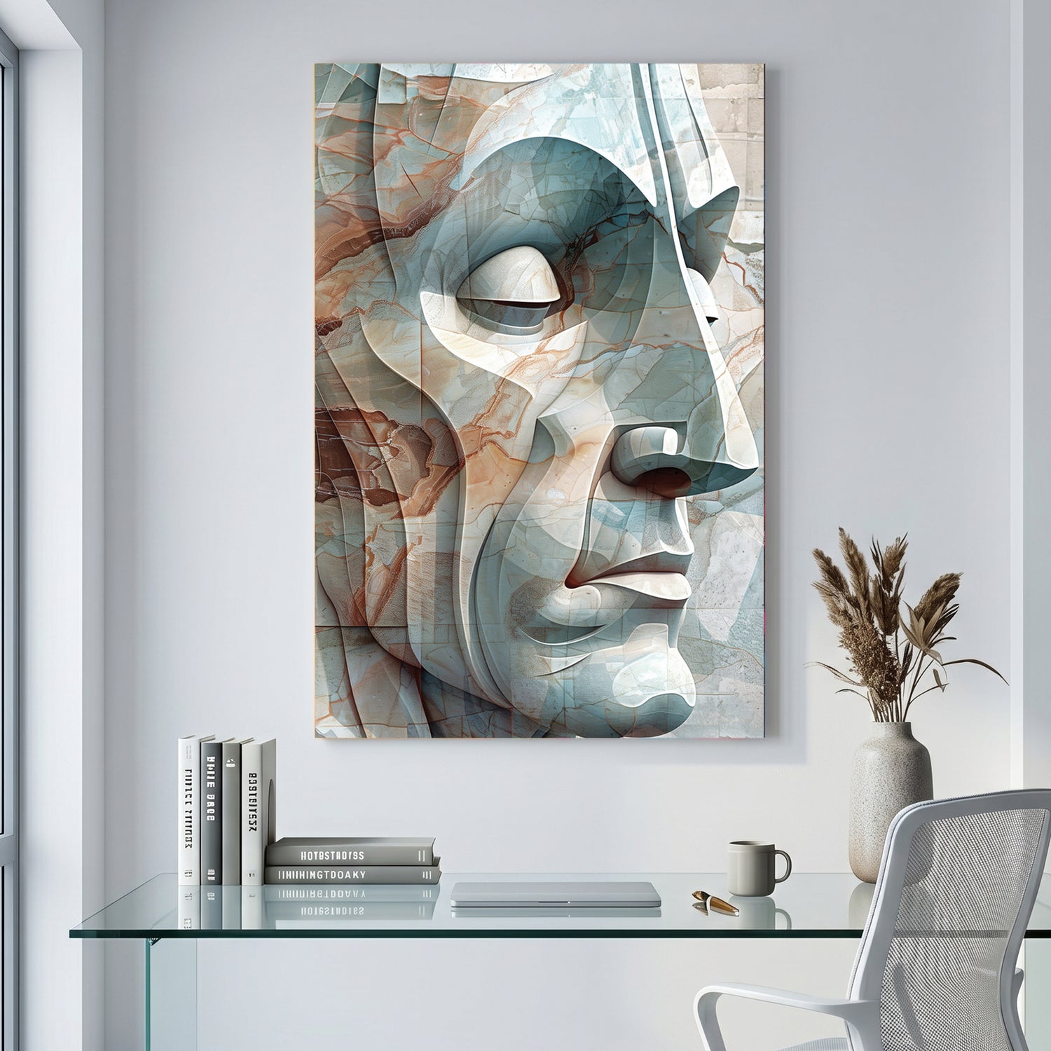 Abstract Geometric Face canvas wall art print displayed in a styled living room