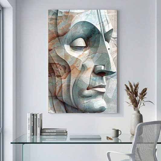 Abstract Geometric Face canvas wall art print displayed in a styled living room