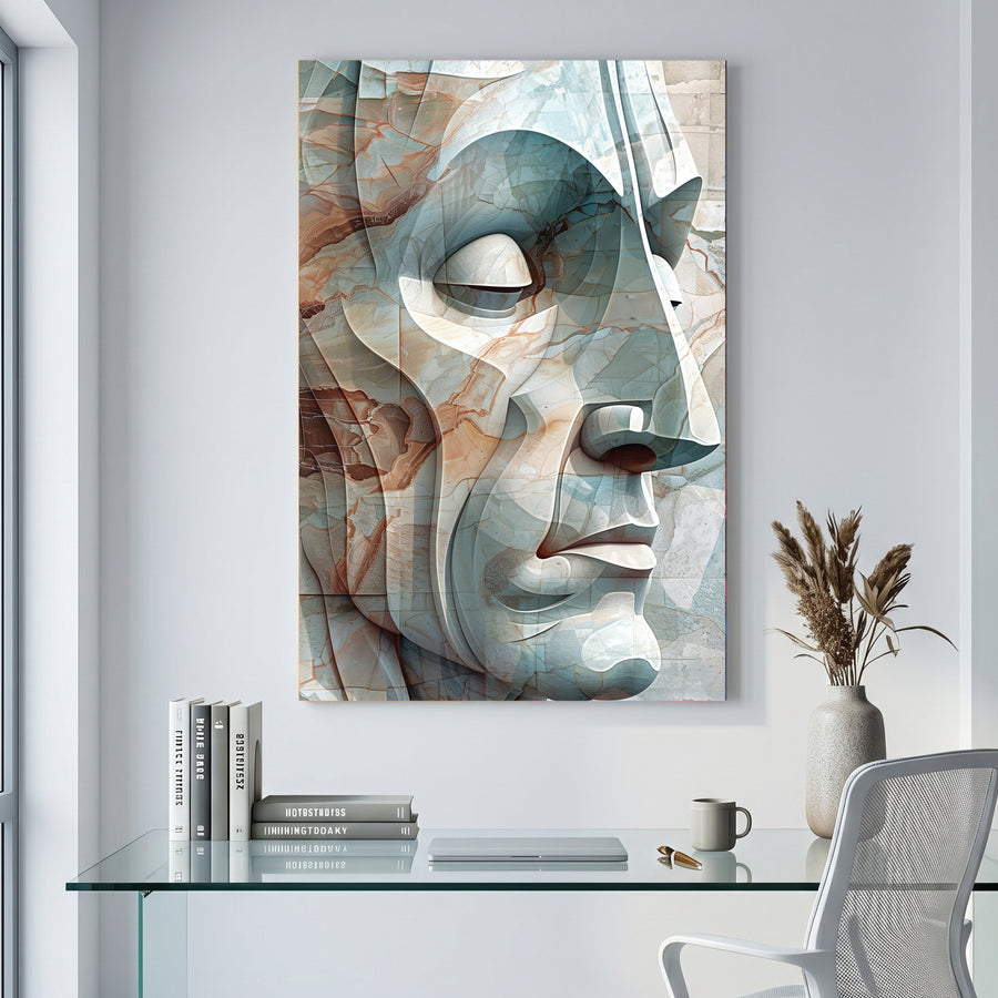 Abstract Geometric Face canvas wall art print displayed in a styled living room