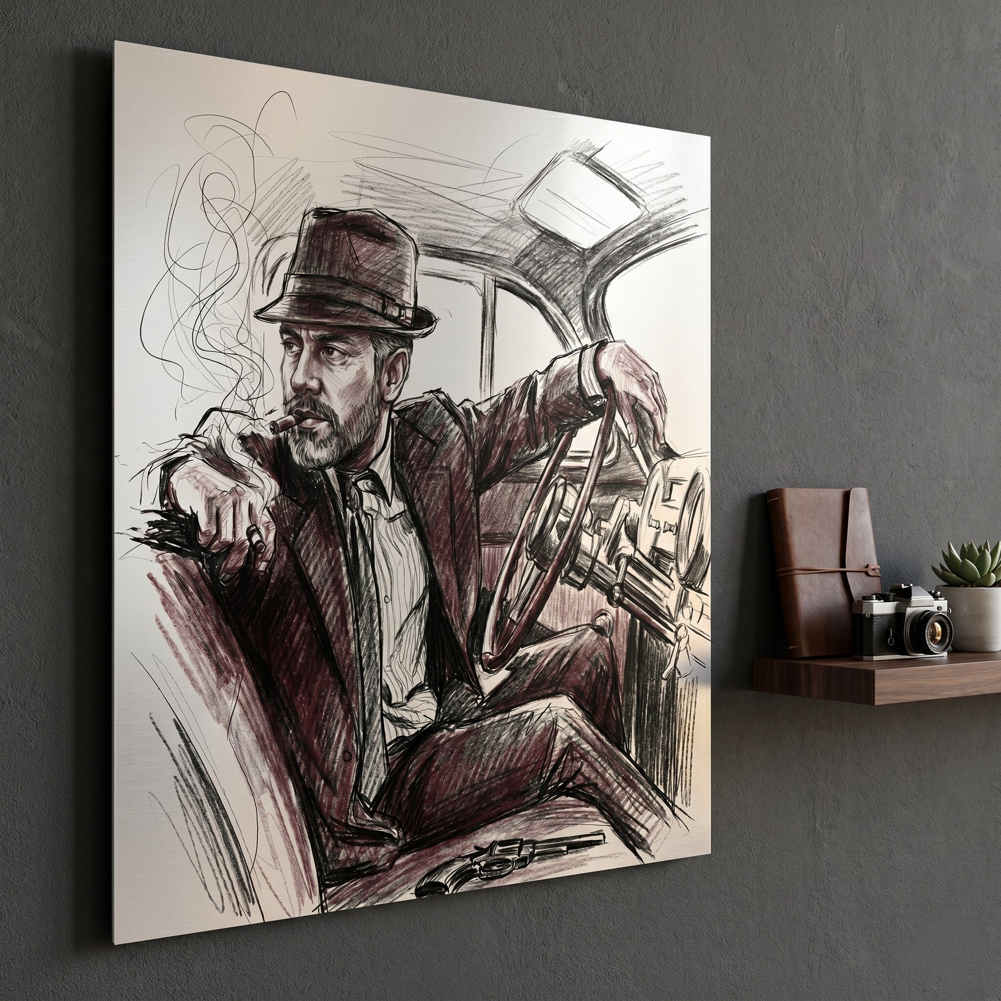 Custom noir portrait in ink wash style printed on metal — personalized wall art from your photo