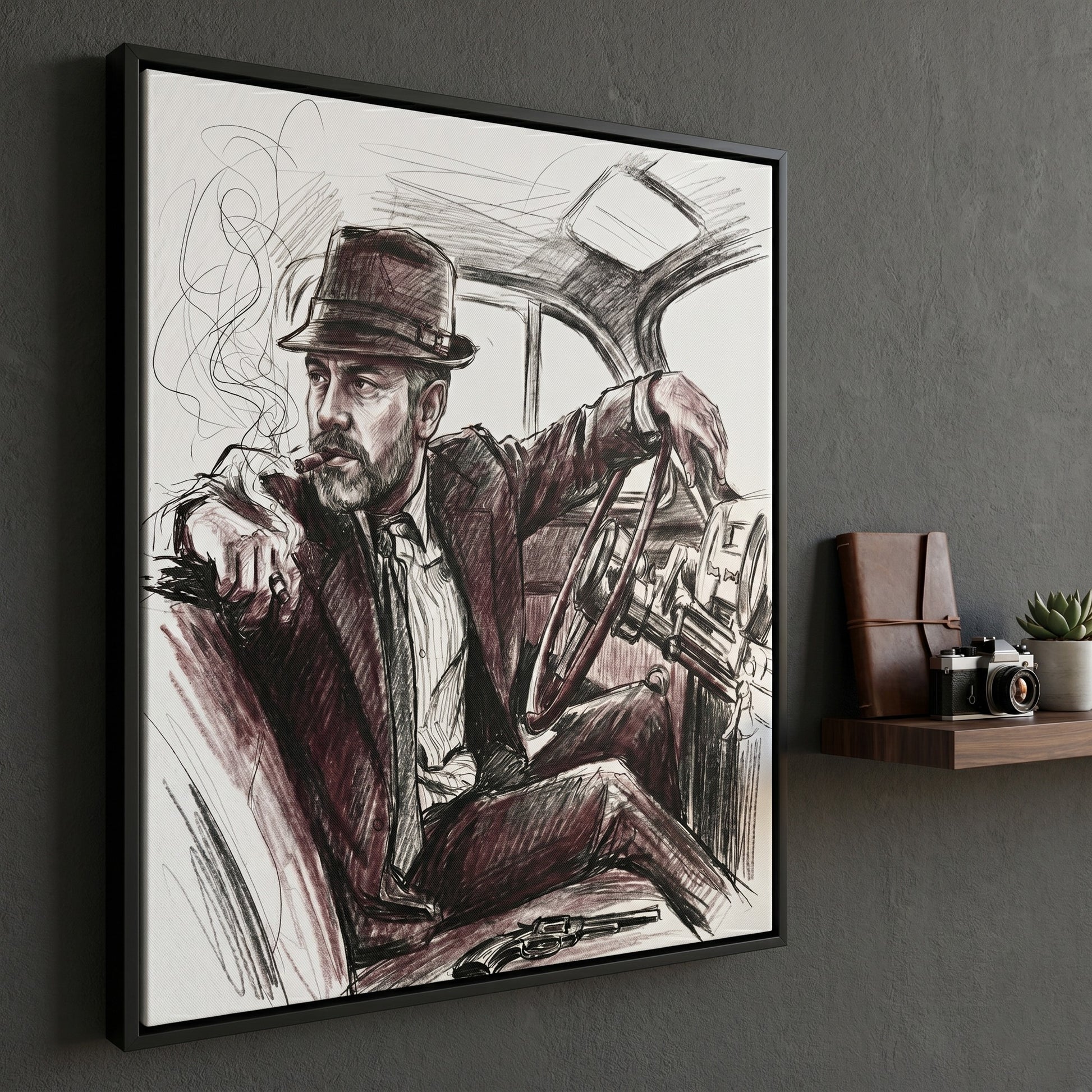 Custom noir portrait in ink wash style printed on black framed canvas — personalized wall art from your photo