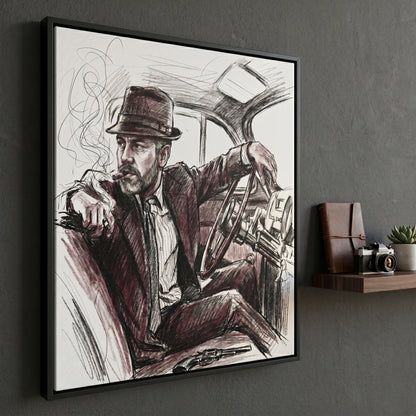Custom noir portrait in ink wash style printed on black framed canvas — personalized wall art from your photo