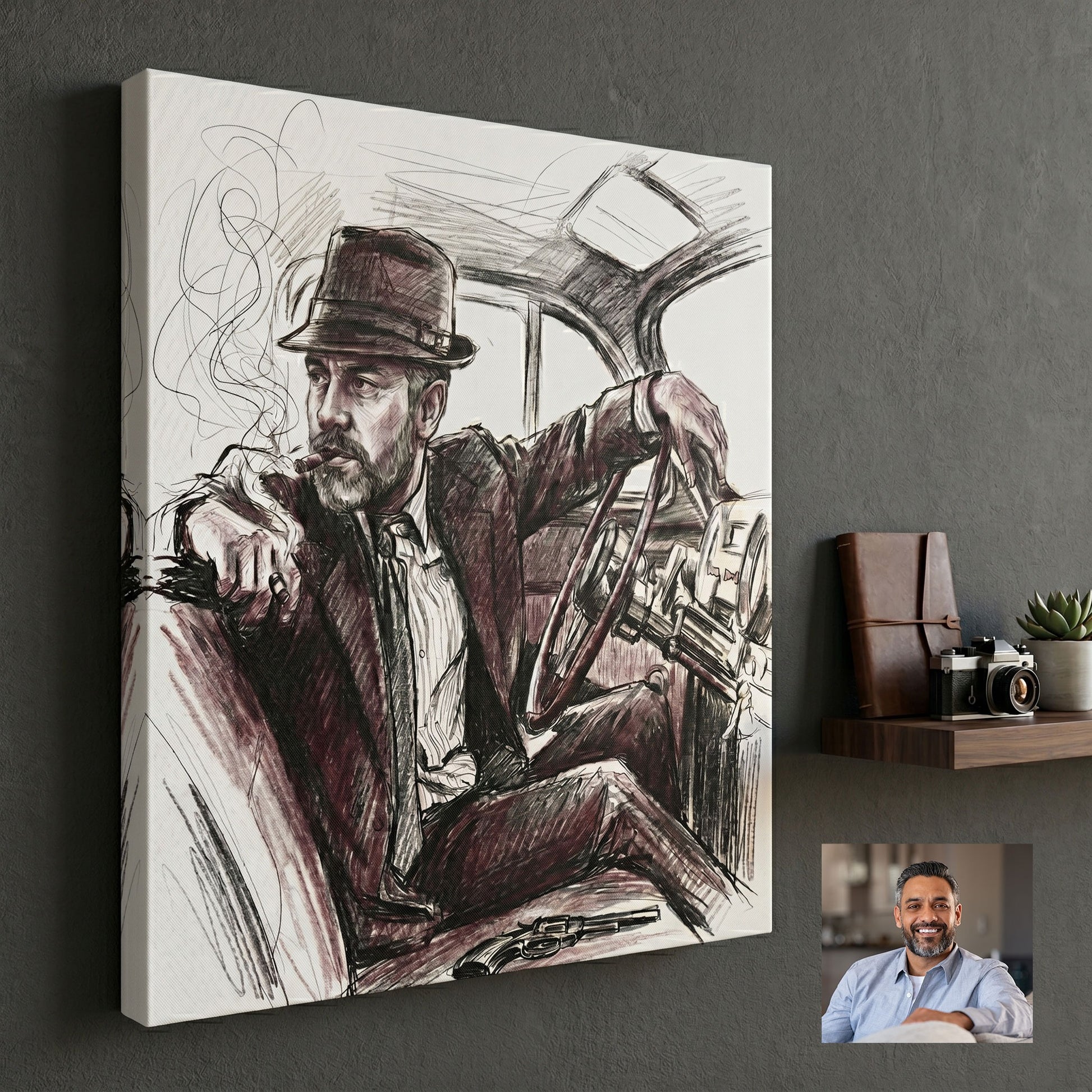 Custom noir portrait in ink wash style printed on canvas — personalized wall art from your photo