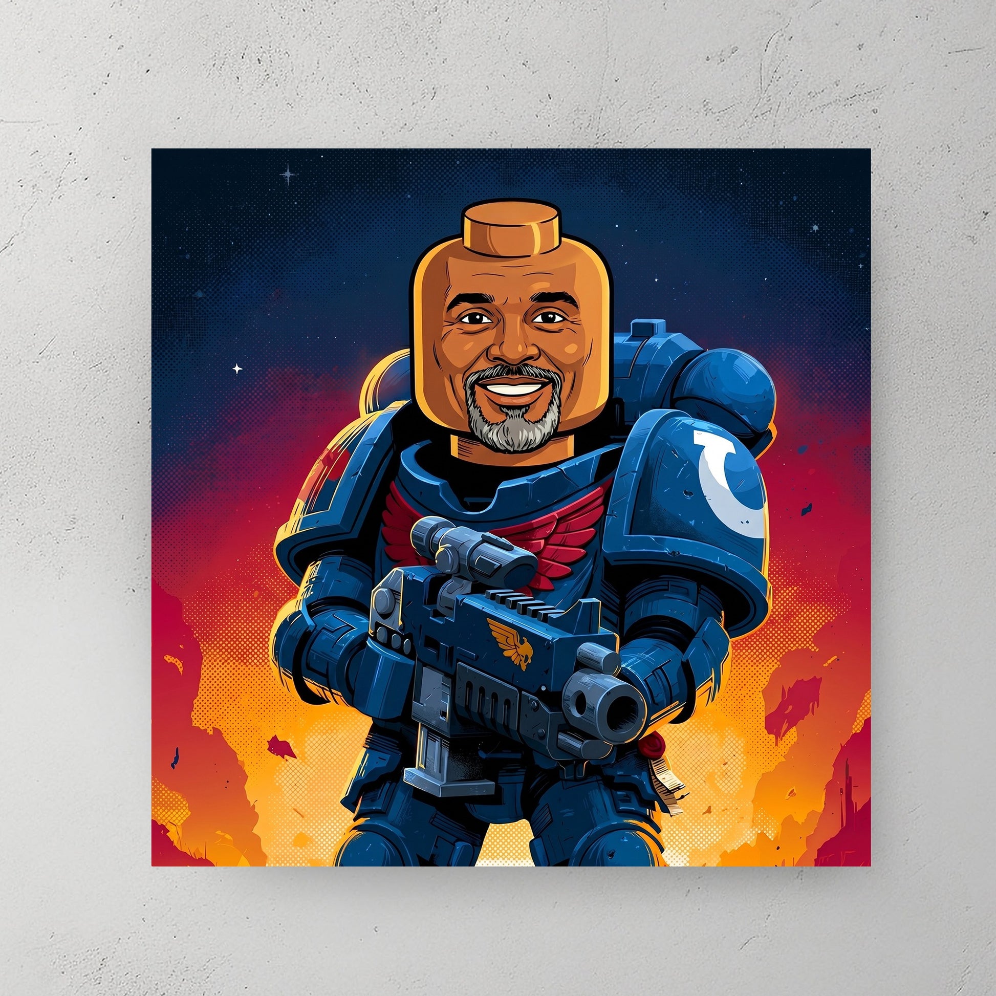 Custom space soldier portrait in comic book style — personalized wall art from your photo