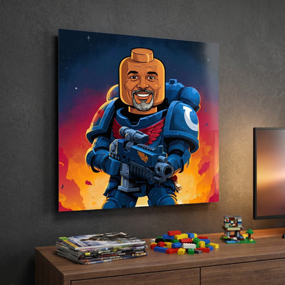 Custom space soldier portrait in comic book style printed on metal — personalized wall art from your photo