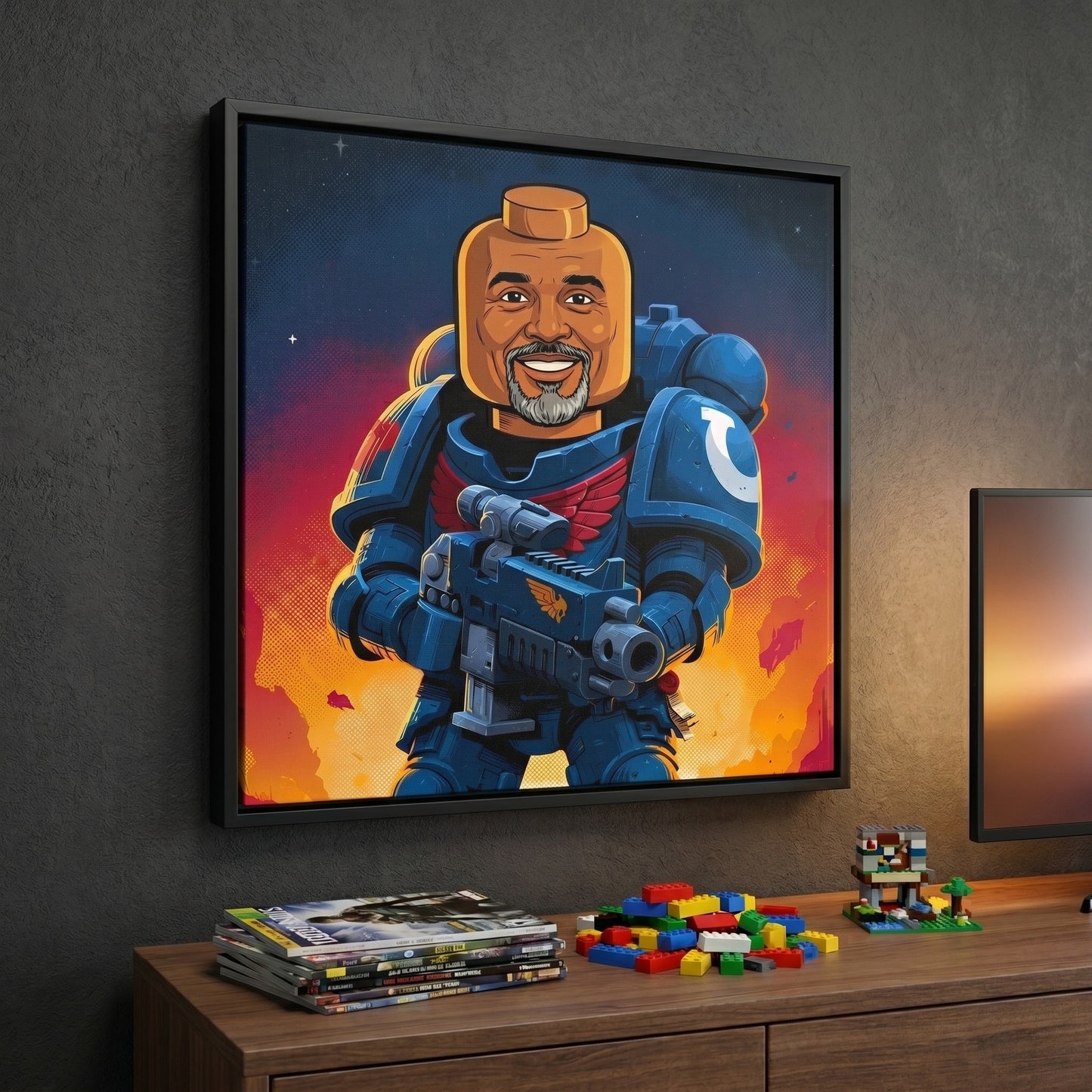 Custom space soldier portrait in comic book style printed on black framed canvas — personalized wall art from your photo