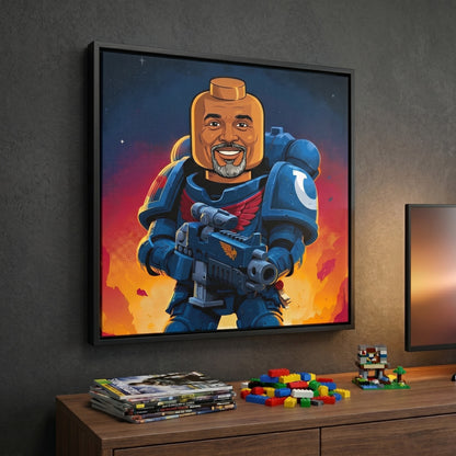 Custom space soldier portrait in comic book style printed on black framed canvas — personalized wall art from your photo