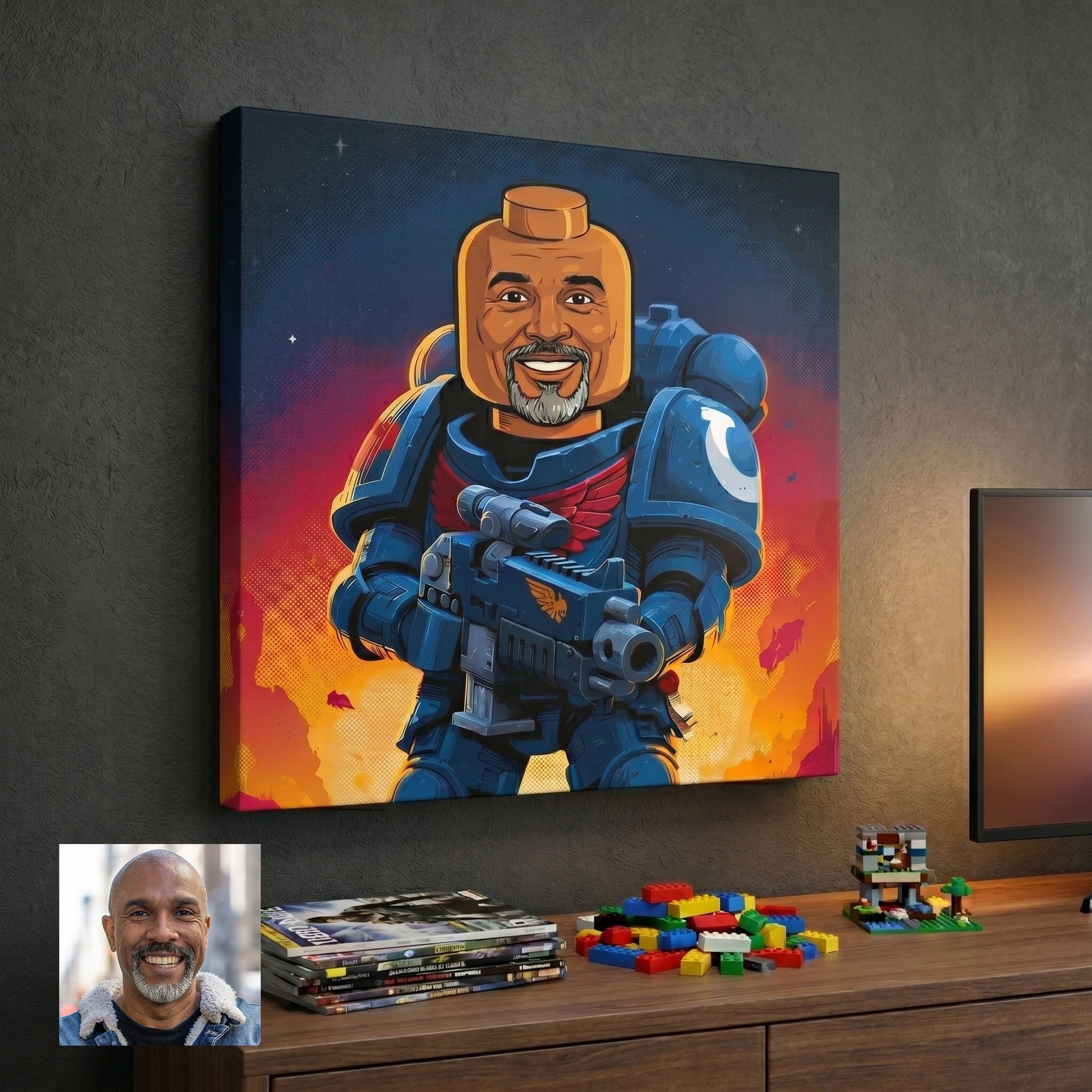 Custom space soldier portrait in comic book style printed on canvas — personalized wall art from your photo