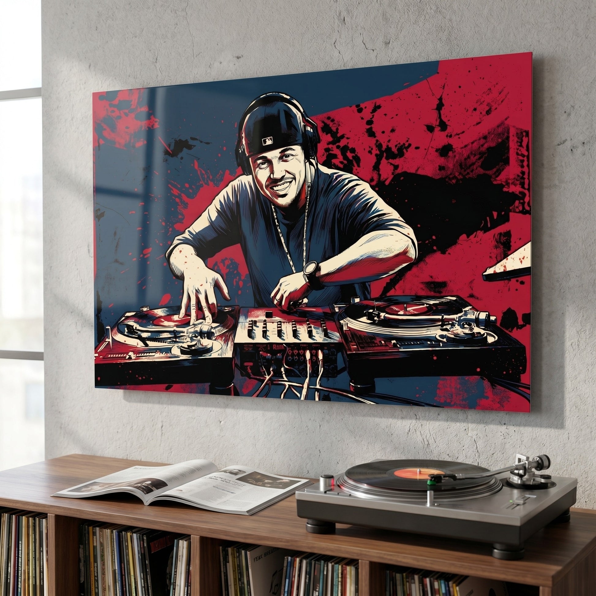 Custom dj portrait in bold ink style printed on metal — personalized wall art from your photo