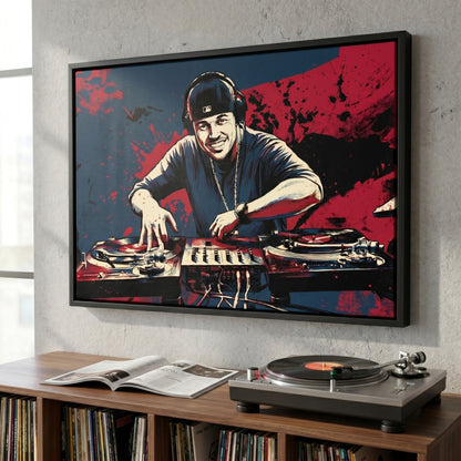 Custom dj portrait in bold ink style printed on black framed canvas — personalized wall art from your photo