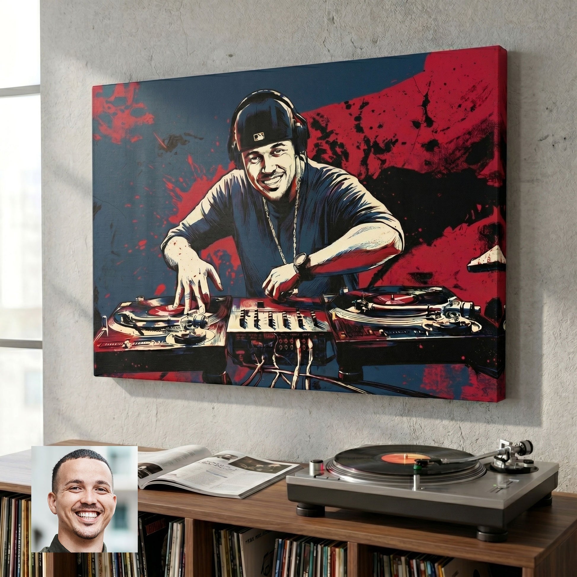 Custom dj portrait in bold ink style printed on canvas — personalized wall art from your photo