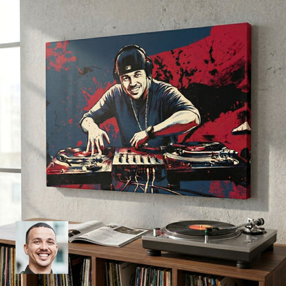 Custom dj portrait in bold ink style printed on canvas — personalized wall art from your photo