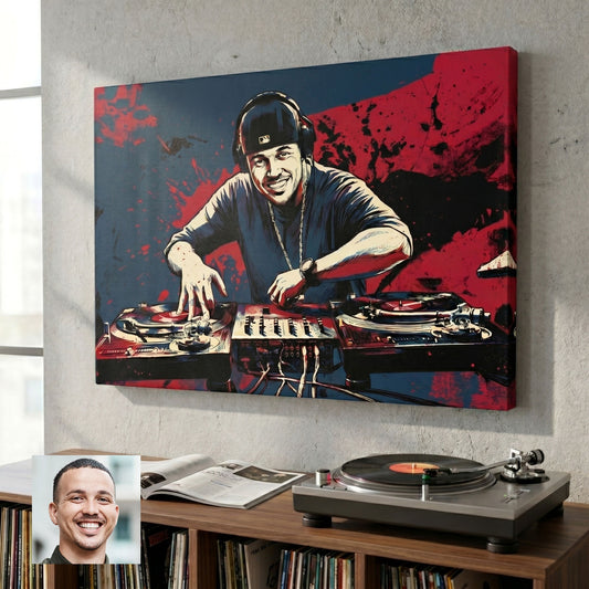 Custom dj portrait in bold ink style printed on canvas — personalized wall art from your photo