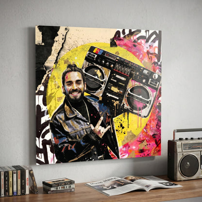 Custom hip-hop portrait in graffiti style printed on metal — personalized wall art from your photo