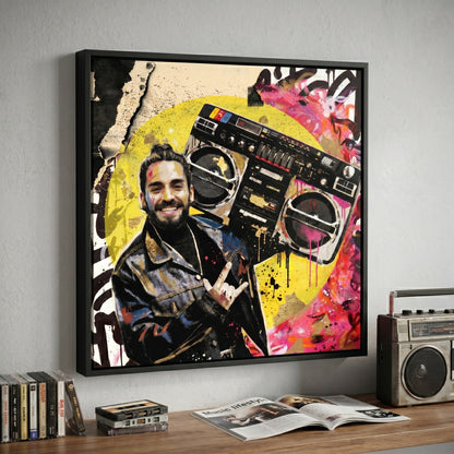 Custom hip-hop portrait in graffiti style printed on black framed canvas — personalized wall art from your photo
