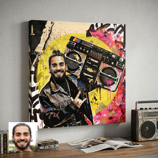 Custom hip-hop portrait in graffiti style printed on canvas — personalized wall art from your photo