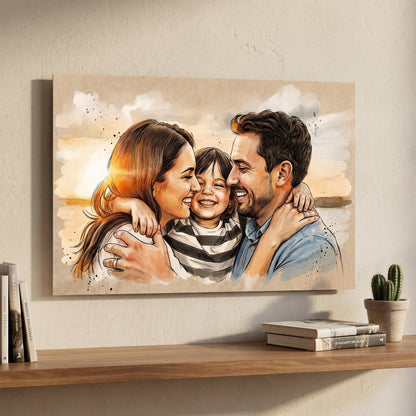 Custom portrait in loose watercolour sketch style printed on metal — personalized wall art from your photo