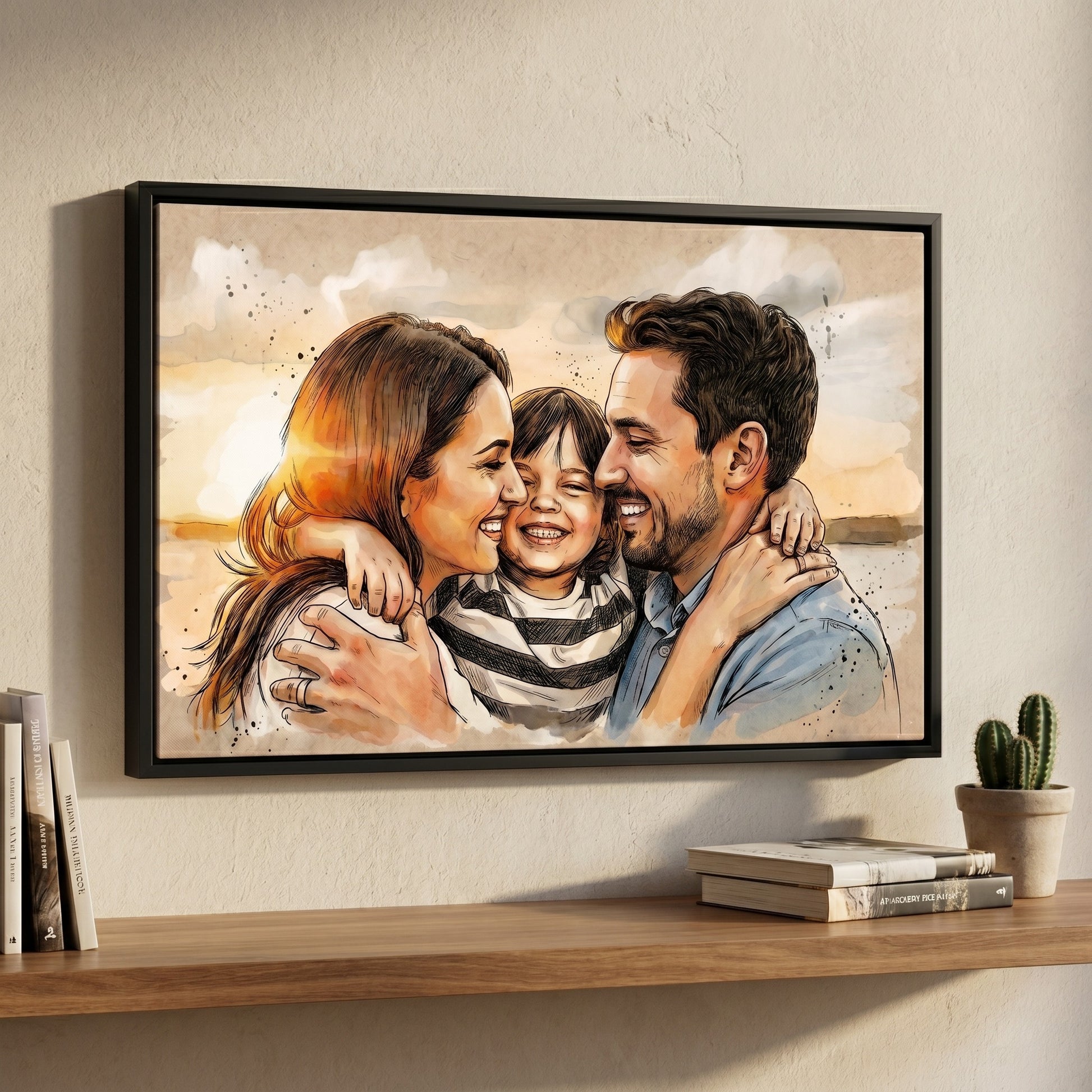 Custom portrait in loose watercolour sketch style printed on black framed canvas — personalized wall art from your photo