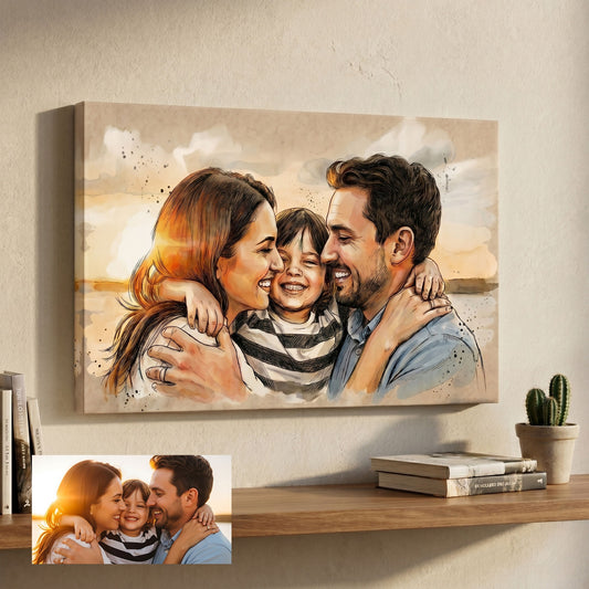Custom portrait in loose watercolour sketch style printed on canvas — personalized wall art from your photo