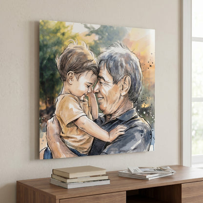 Custom portrait in watercolour ink illustration style printed on metal — personalized wall art from your photo