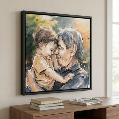 Custom portrait in watercolour ink illustration style printed on black framed canvas — personalized wall art from your photo