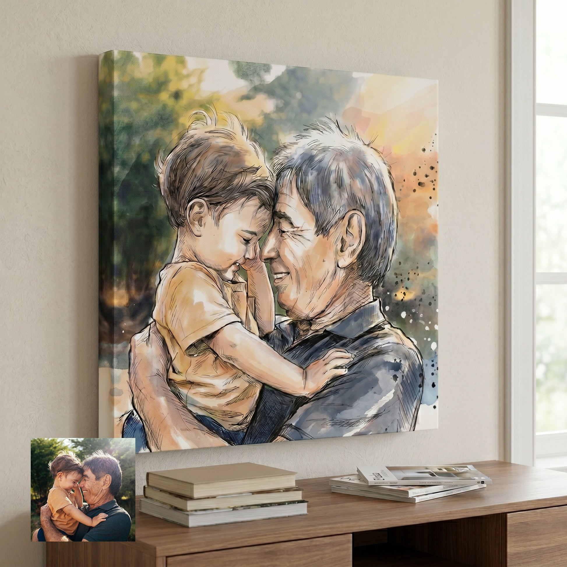 Custom portrait in watercolour ink illustration style printed on canvas — personalized wall art from your photo