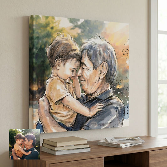 Custom portrait in watercolour ink illustration style printed on canvas — personalized wall art from your photo