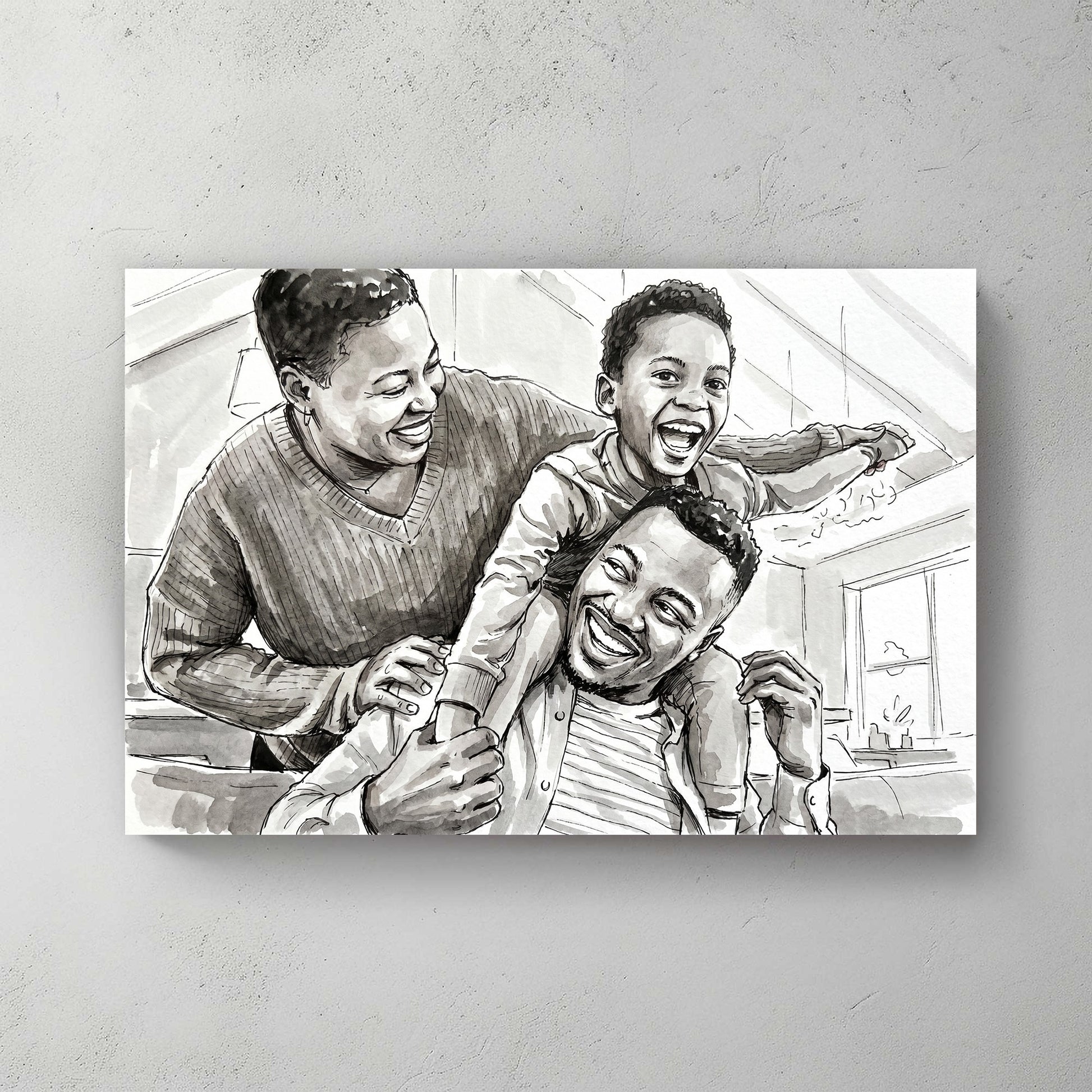 Custom portrait in bold black-and-white ink wash style — personalized wall art from your photo