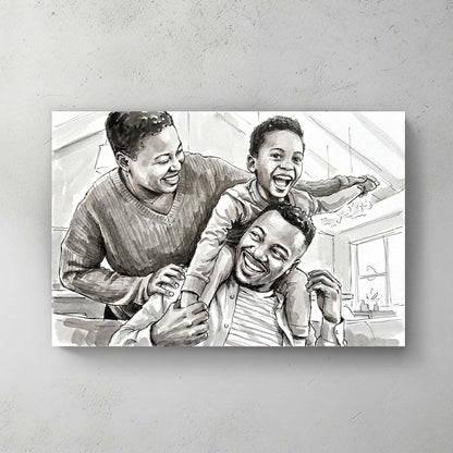 Custom portrait in bold black-and-white ink wash style — personalized wall art from your photo