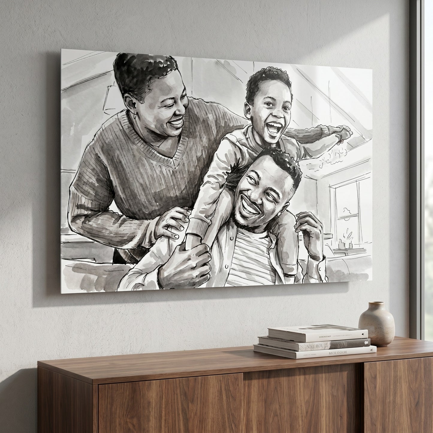 Custom portrait in bold black-and-white ink wash style printed on metal — personalized wall art from your photo