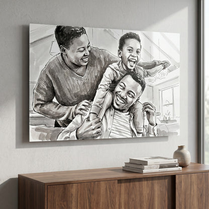 Custom portrait in bold black-and-white ink wash style printed on metal — personalized wall art from your photo