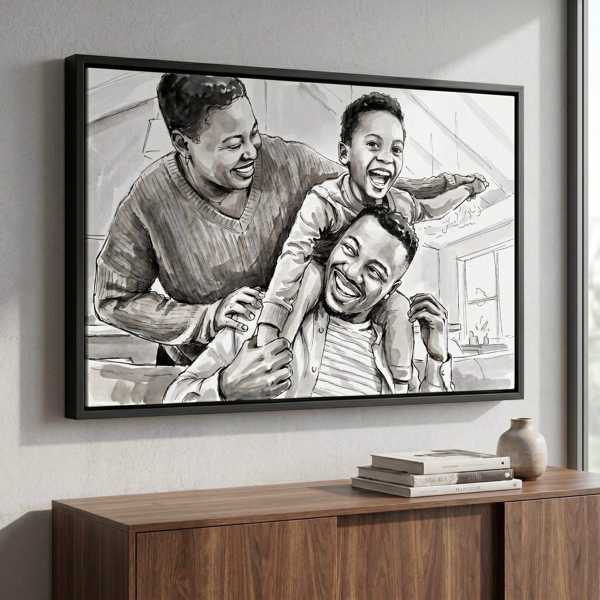 Custom portrait in bold black-and-white ink wash style printed on black framed canvas — personalized wall art from your photo