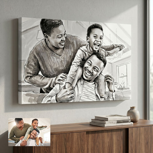 Custom portrait in bold black-and-white ink wash style printed on canvas — personalized wall art from your photo