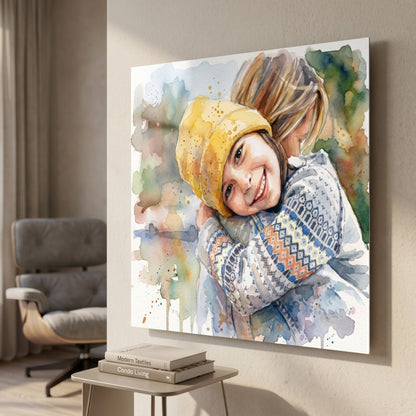 Custom portrait in soft watercolour style printed on metal — personalized wall art from your photo