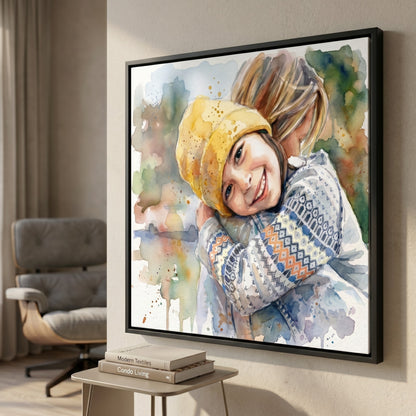 Custom portrait in soft watercolour style printed on black framed canvas — personalized wall art from your photo