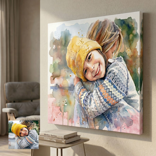 Custom portrait in soft watercolour style printed on canvas — personalized wall art from your photo
