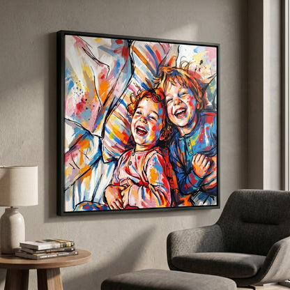 Custom portrait in expressive paint splatter style printed on black framed canvas — personalized wall art from your photo