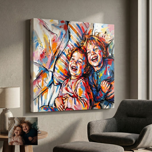 Custom portrait in expressive paint splatter style printed on canvas — personalized wall art from your photo