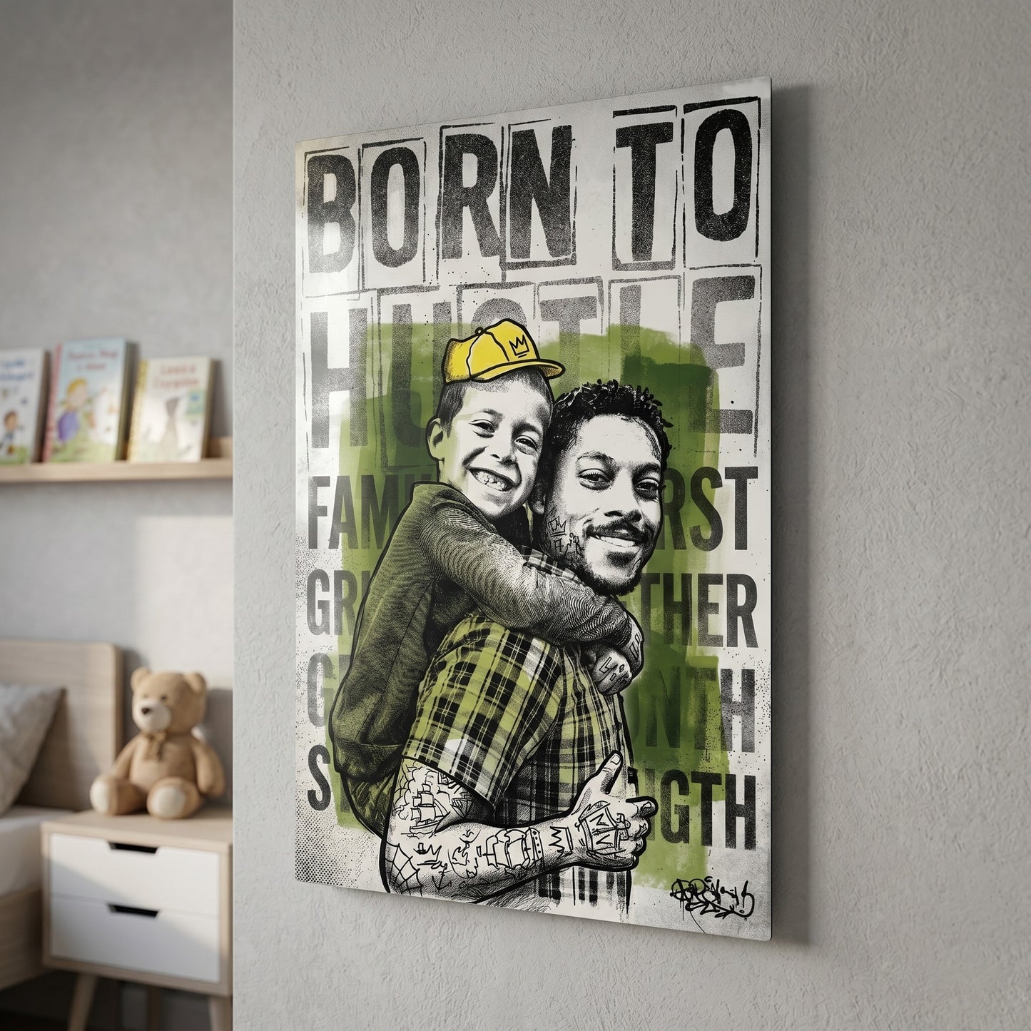 Custom portrait in typographic ink style printed on metal — personalized wall art from your photo