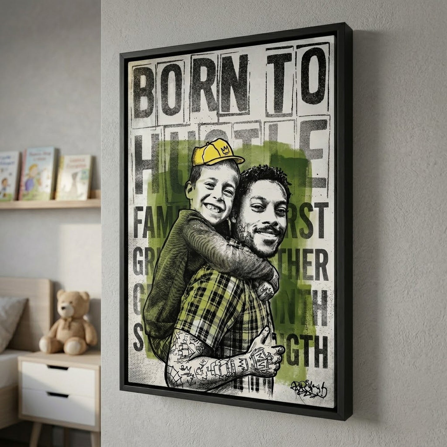 Custom portrait in typographic ink style printed on black framed canvas — personalized wall art from your photo