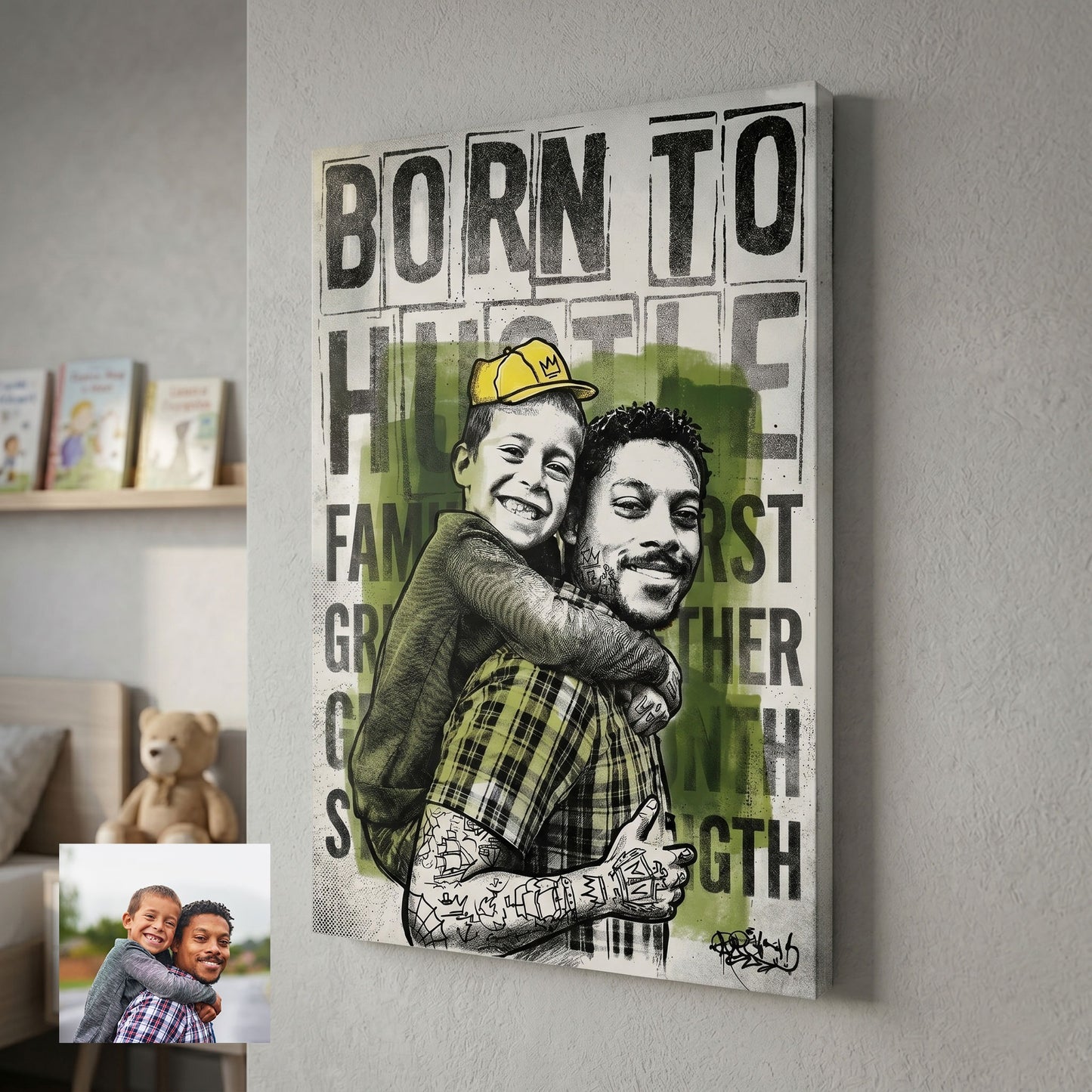 Custom portrait in typographic ink style printed on canvas — personalized wall art from your photo
