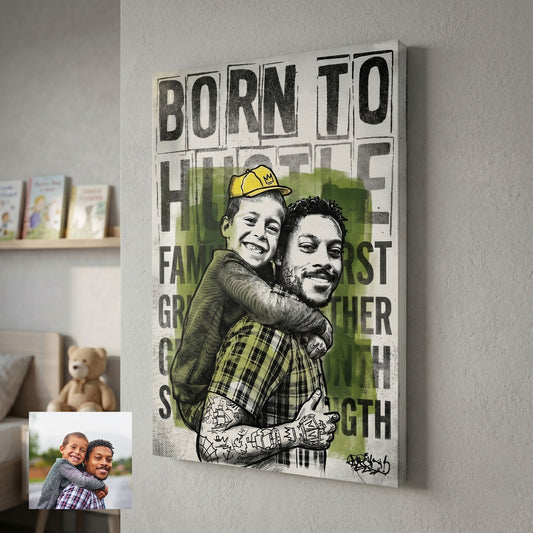 Custom portrait in typographic ink style printed on canvas — personalized wall art from your photo
