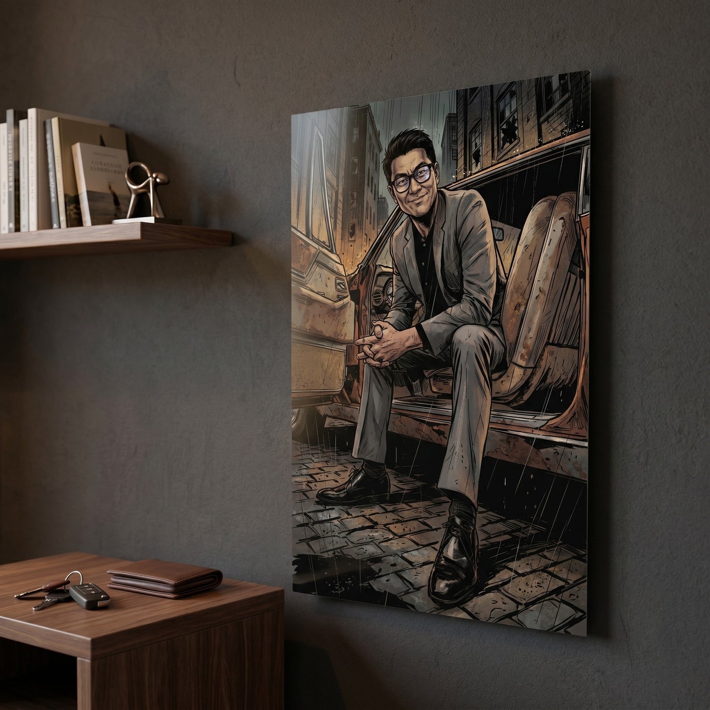 Custom gentleman portrait in comic book noir style printed on metal — personalized wall art from your photo