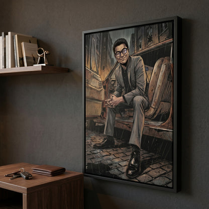 Custom gentleman portrait in comic book noir style printed on black framed canvas — personalized wall art from your photo