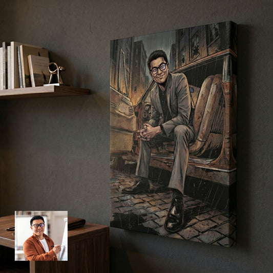 Custom gentleman portrait in comic book noir style printed on canvas — personalized wall art from your photo