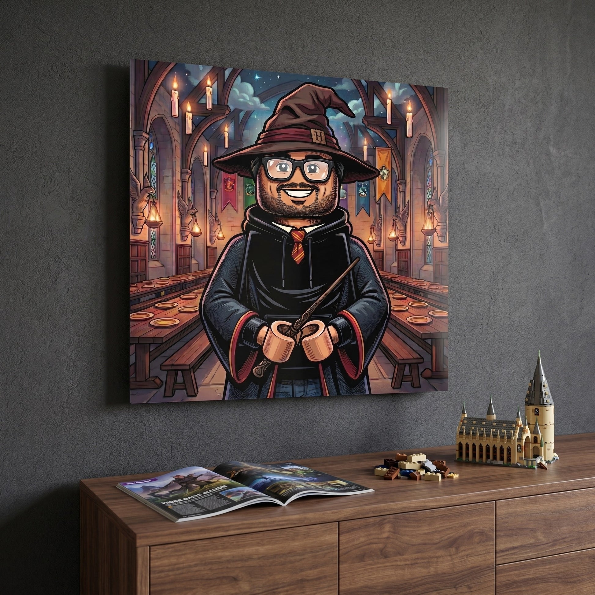 Custom wizard portrait in cartoon style printed on metal — personalized wall art from your photo