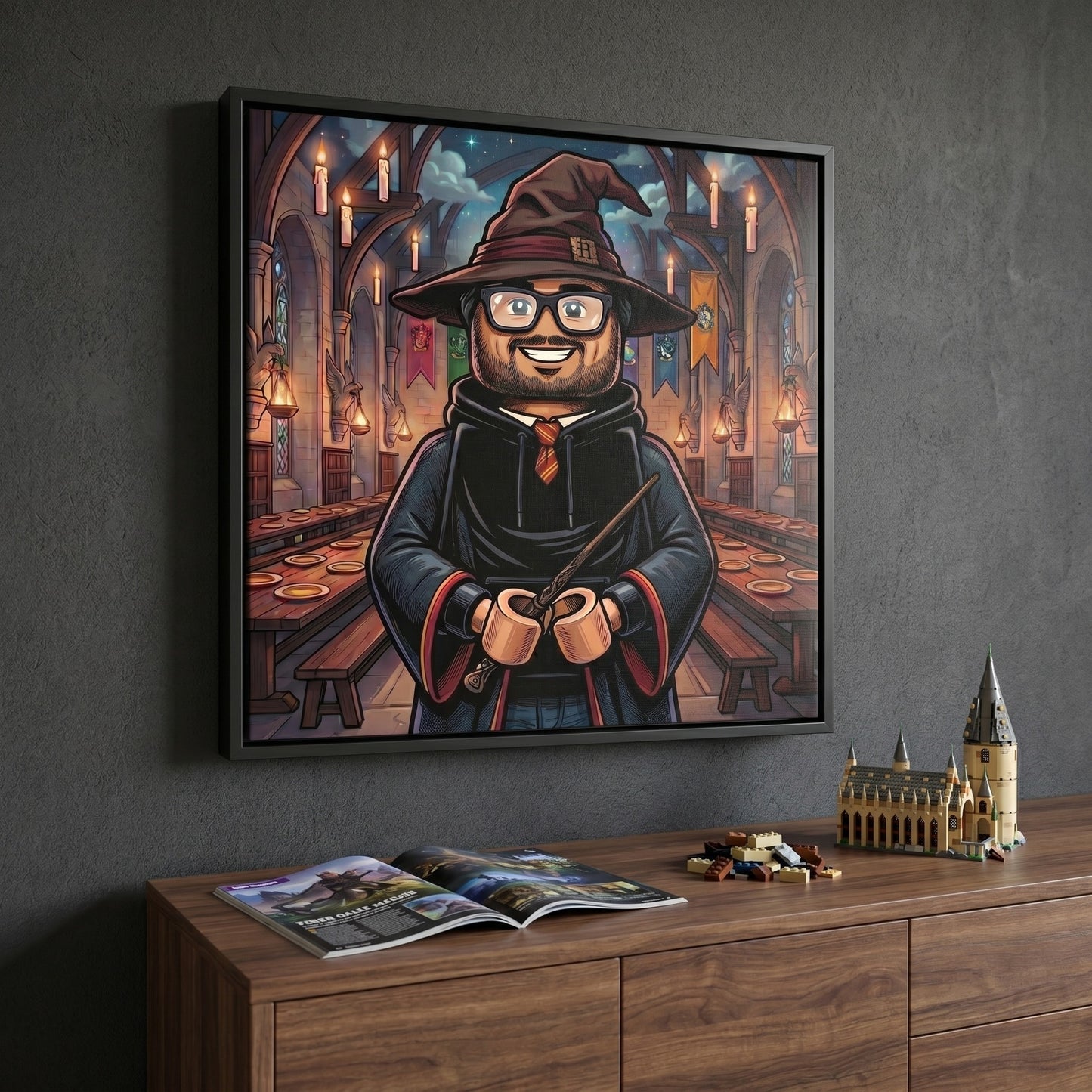 Custom wizard portrait in cartoon style printed on black framed canvas — personalized wall art from your photo