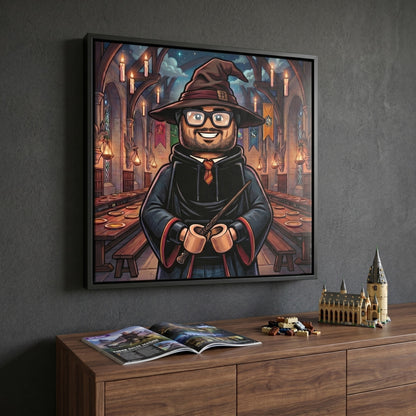 Custom wizard portrait in cartoon style printed on black framed canvas — personalized wall art from your photo