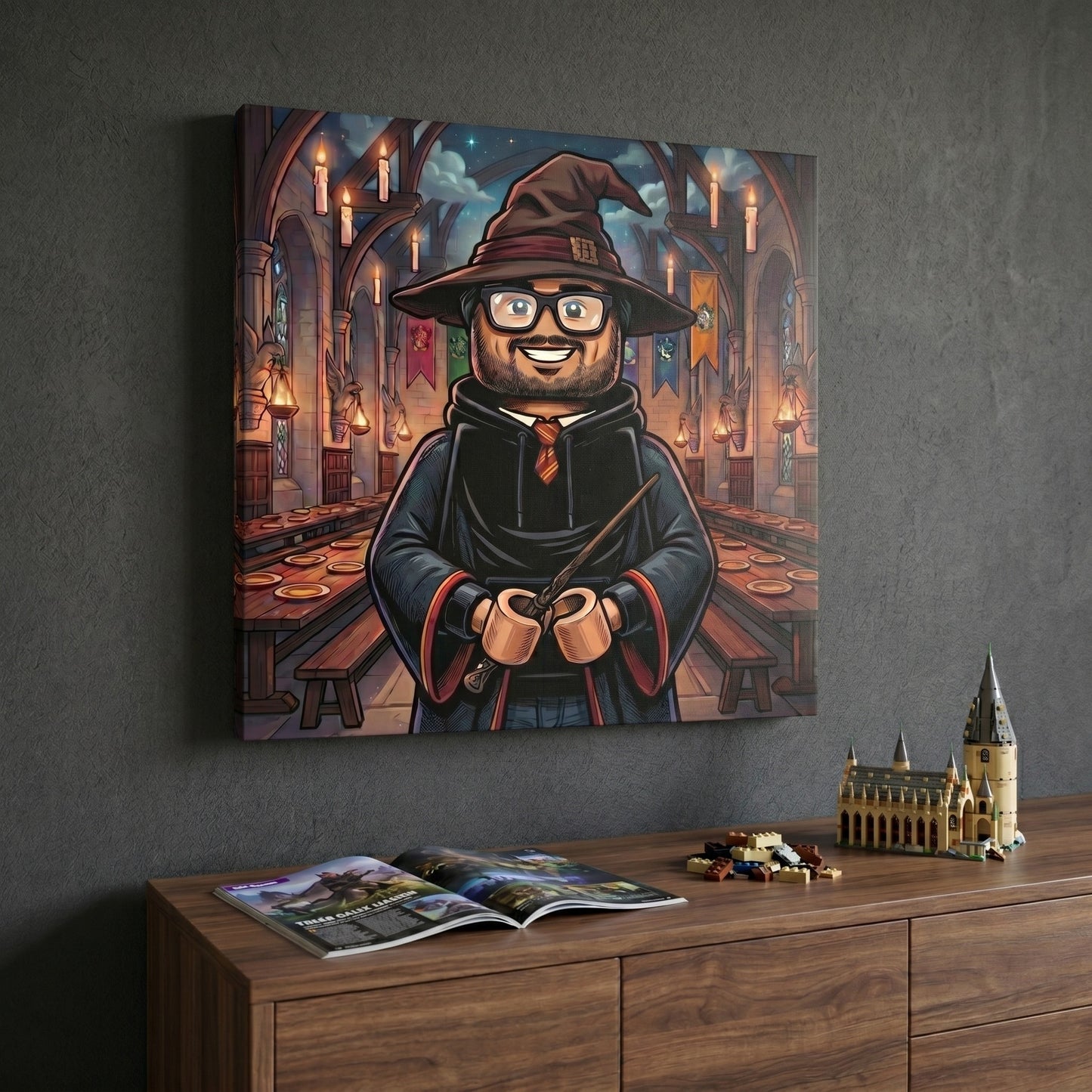 Custom wizard portrait in cartoon style printed on canvas — personalized wall art from your photo
